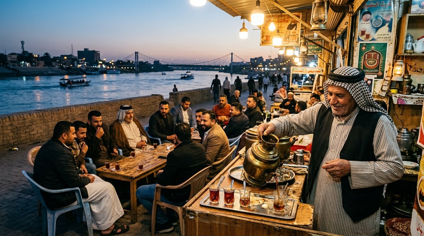 Riverside tea stall along Abu Nuwas