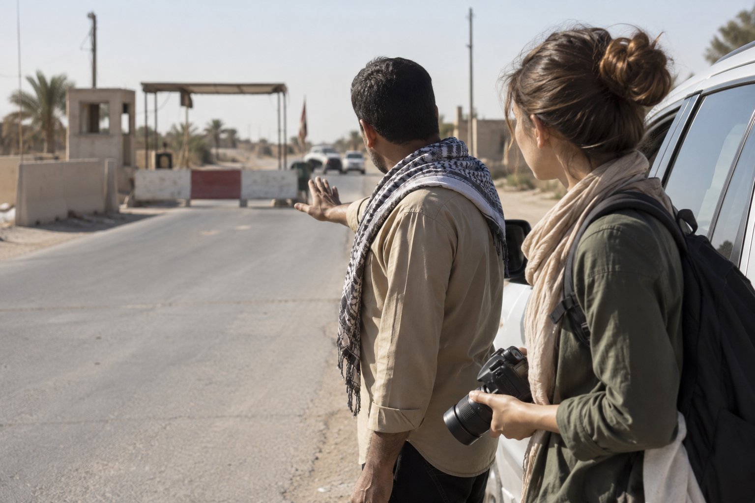 Traveler keeping a camera lowered near a checkpoint