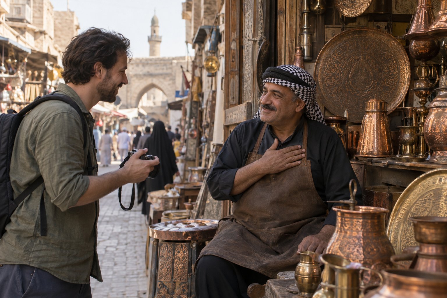 Photographer asking a shopkeeper for permission
