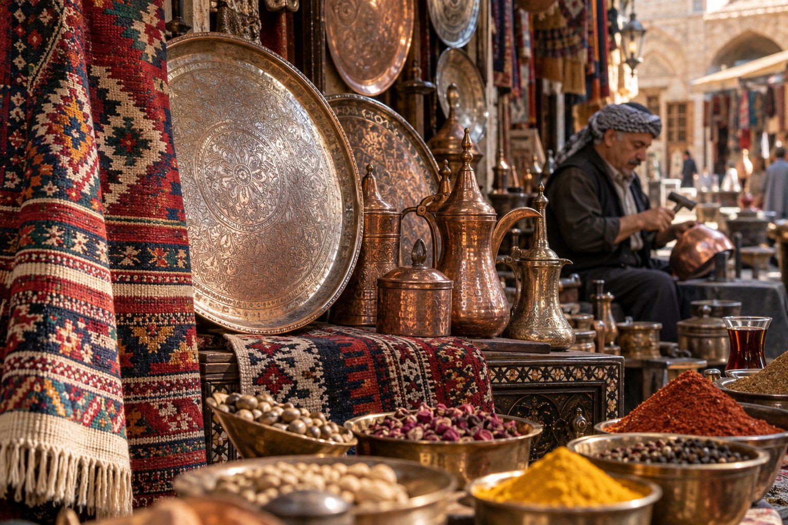 Iraqi copperware, rugs, and spices